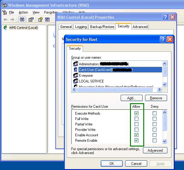 WMI security settings.