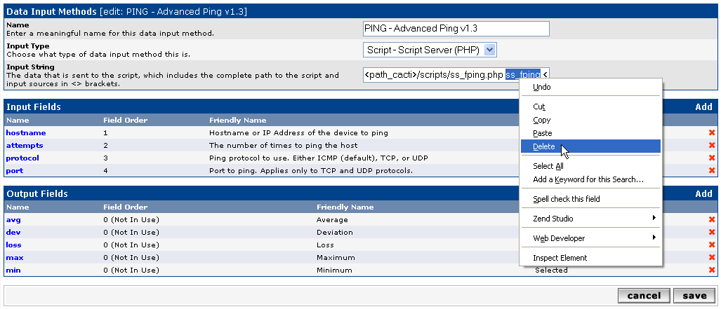 delete ss_fping argument from &amp;quot;Input string&amp;quot;