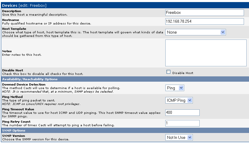 Freebox configuration view (I have an error cannot contact host, because I don't use SNMP for it)