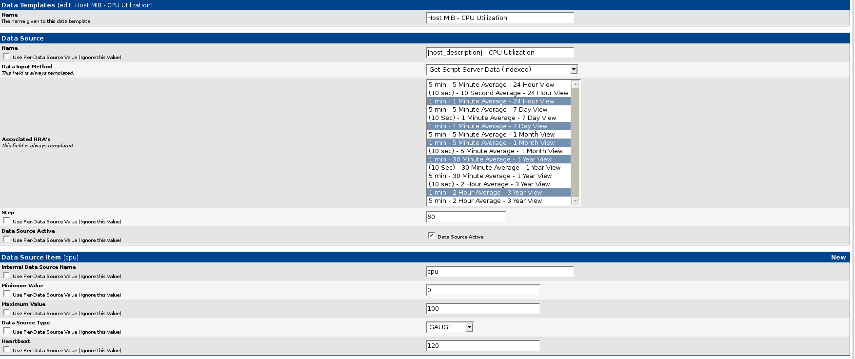 Modified Data Template for standard CPU Data Source.  Note the selected RRAs, Step and Heartbeat values.