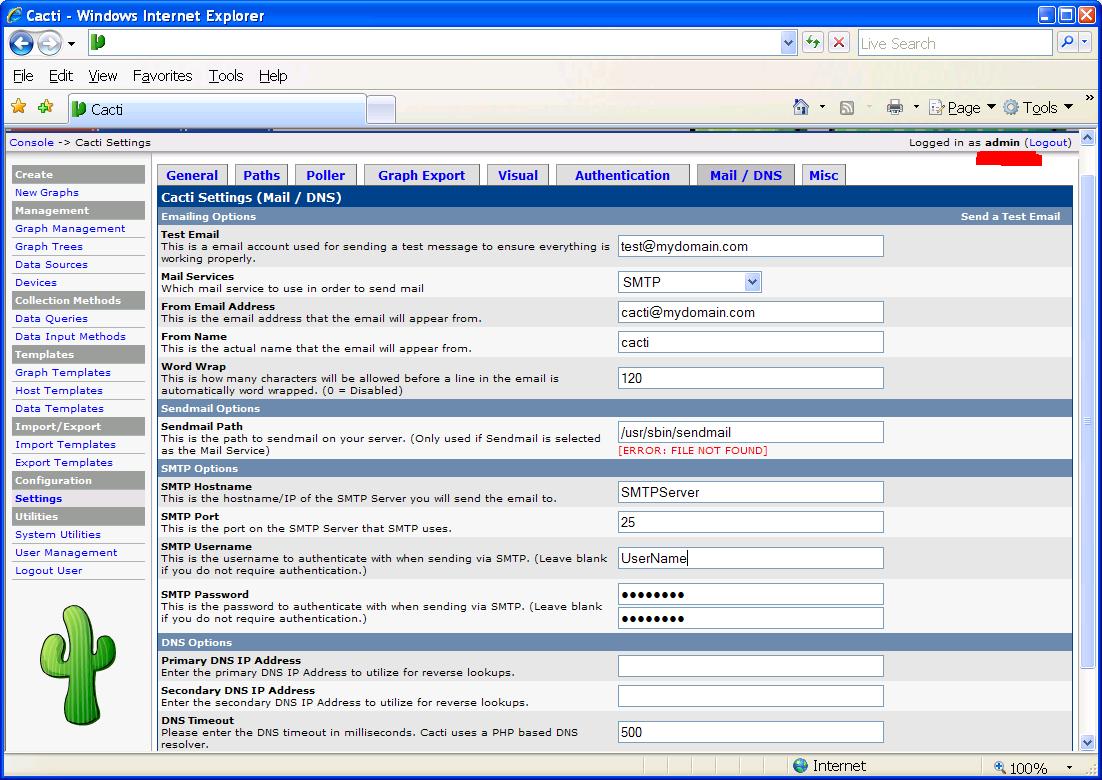 mail/dns tab