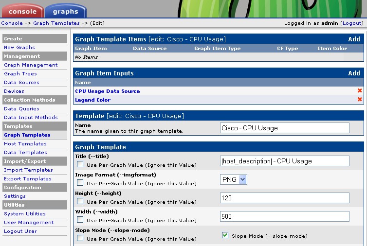 Screen-shot showing no Graph Template Items