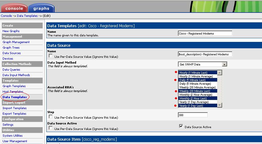 In the data template, select your newly created rra's.