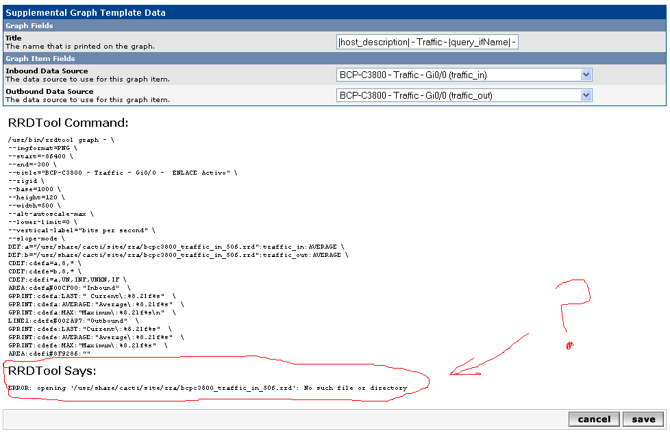 Debug of one graph, with a messages error that the rrd file is not created.