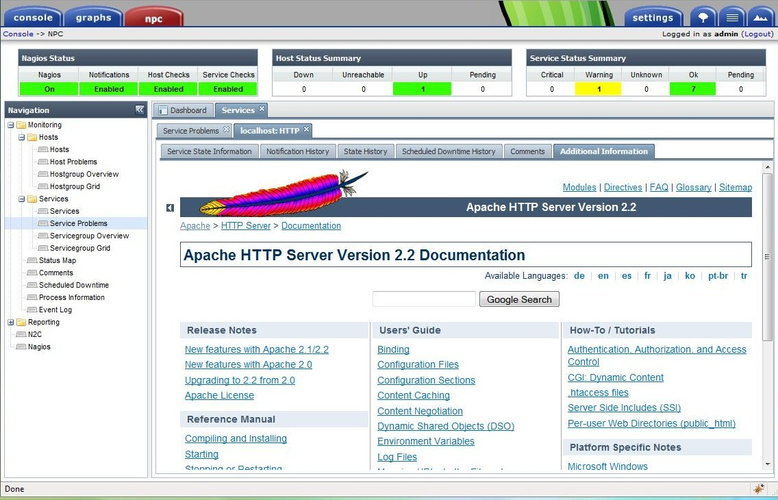 Additional information tab auto loads the URL defined in the Nagios host/service notes_url parameter