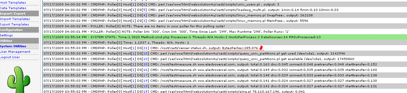 Cacti-log showing its getting  data<br />CMD: /root/cacti/server-status.sh, output: BytesPerSec:285.076