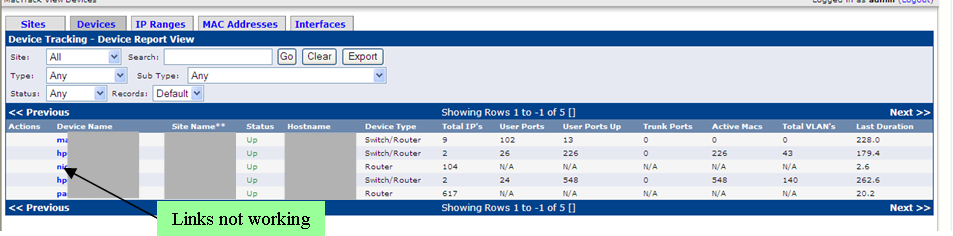 Device links not working