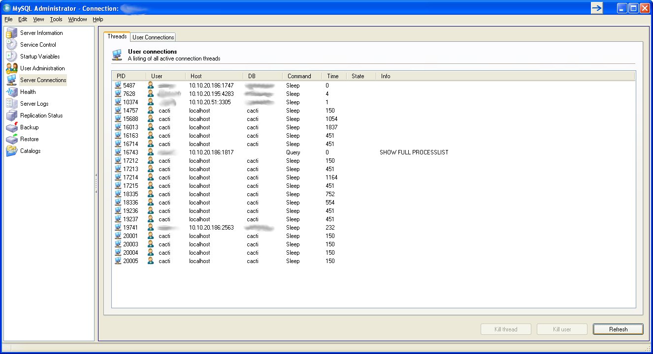 Mysql Administrator Screenshot of too many connections from Cacti