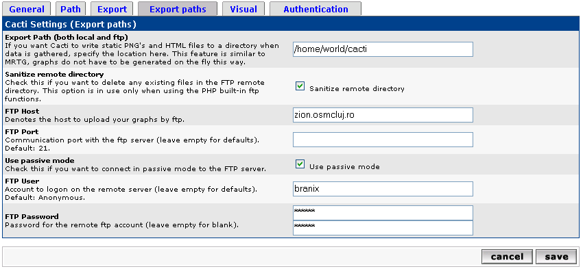 Export paths and FTP options