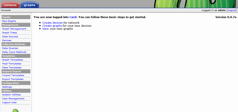 Cacti main console with no new tabs