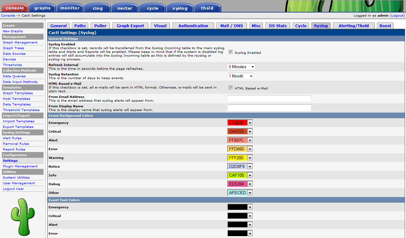 Cacti Settings Highlighting the Syslog Tab