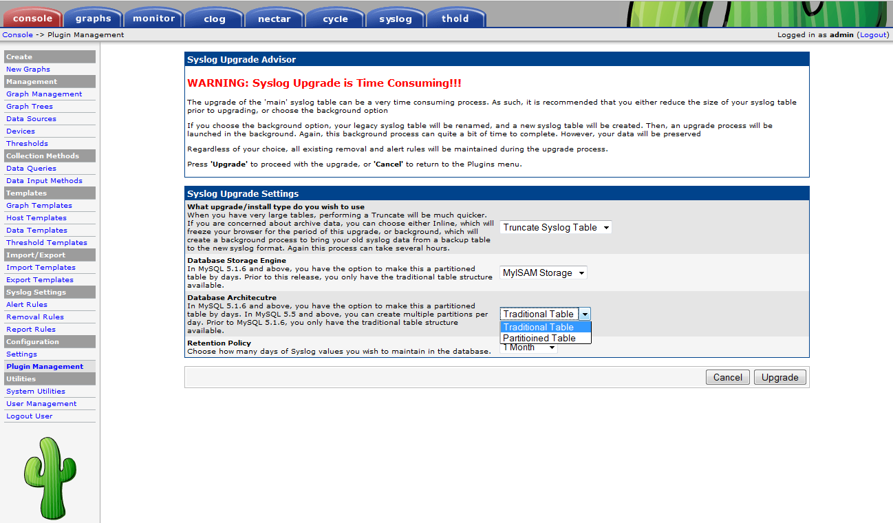 Database Upgrade.  Notice Partitioning is supported!