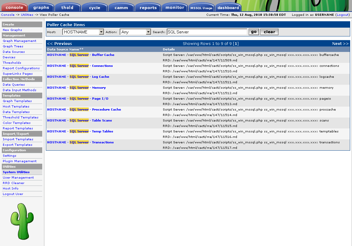 Sample of my Poller Cache for a host that has SQL Server graphs