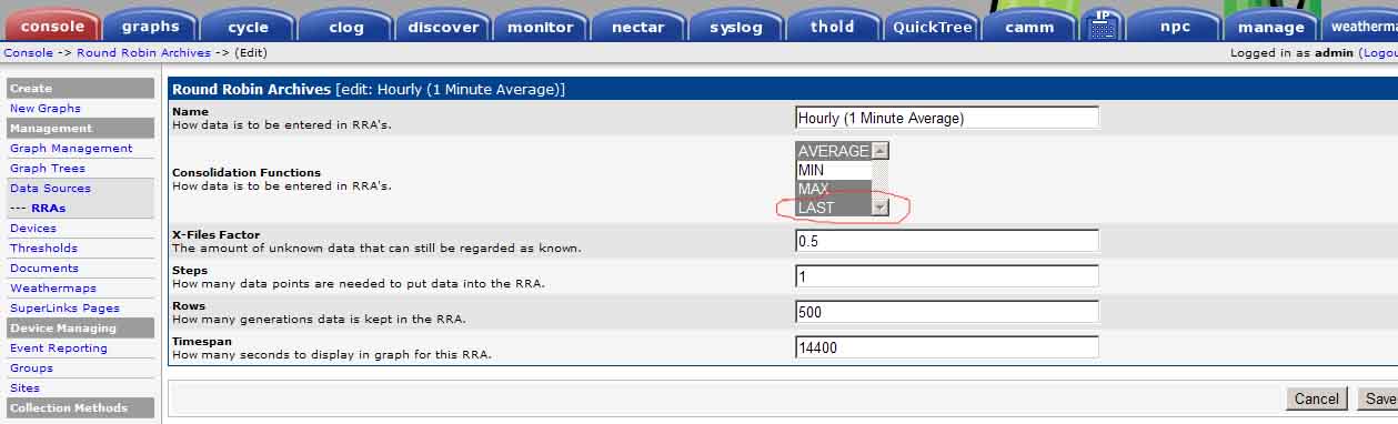 Check the RRA function for LAST data collection. This prevent error: &quot;the RRD does not contain an RRA matching the chosen CF&quot;. See topic: http://forums.cacti.net/viewtopic.php?f=21&amp;t=3686&amp;start=15 post of Gendalf