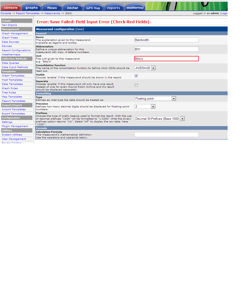 Screenshot of measureand error