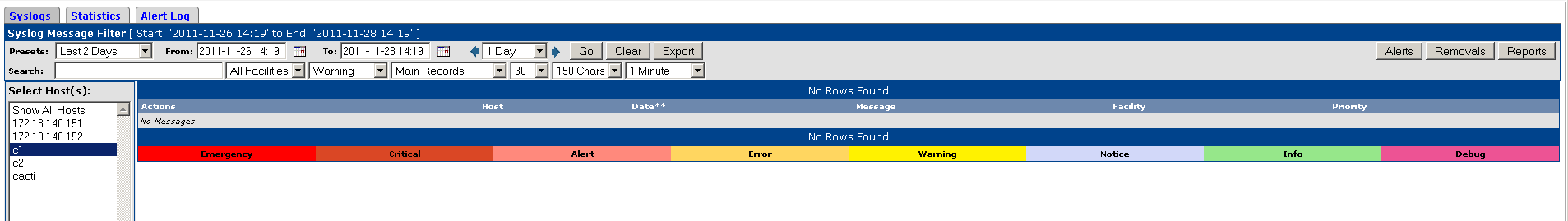 When warning priority is selected, there are no msgs that are showing even though there are msgs with priority level warning for the device in the database as per attached PIC 1