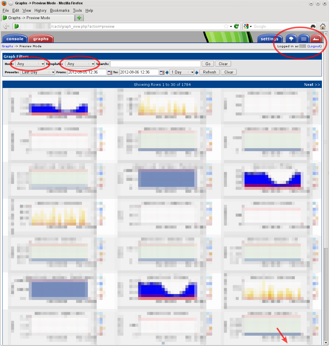 Screenshot of Cacti in Firefox with modified graph_view.php file to reduce width of header table