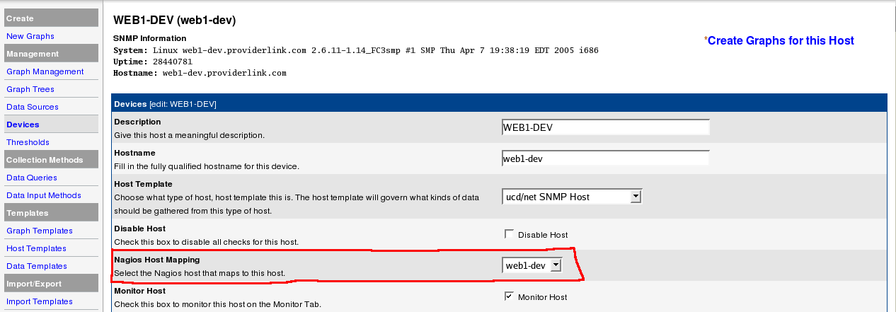 This is the Console -&amp;gt; Devices -&amp;gt; (Edit) screen where a field was added to map a Nagios host to a Cacti host.