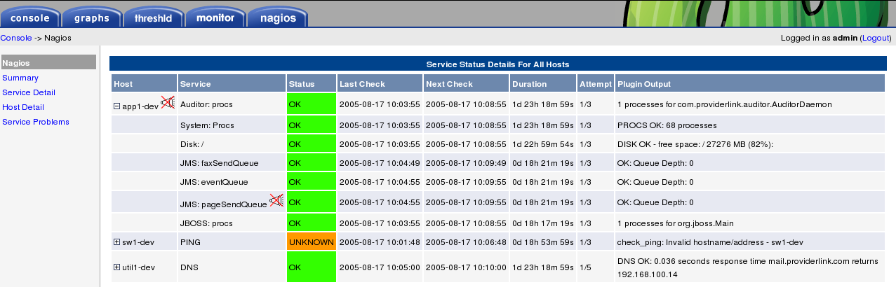 This is the service detail screen showing all the services expanded for 1 host and collapsed for the others.