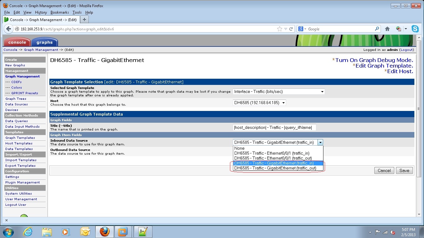 Thank you for your nice script. <br />I have few queries; 1. how can i aggregate multiple graphs? 2. Gigabit Ethernet port number can not show in &quot;Graph Management, Graph Item Fields&quot; that's why I am confused to while change In bound, Out bound data source. Thank you, oshi24bd