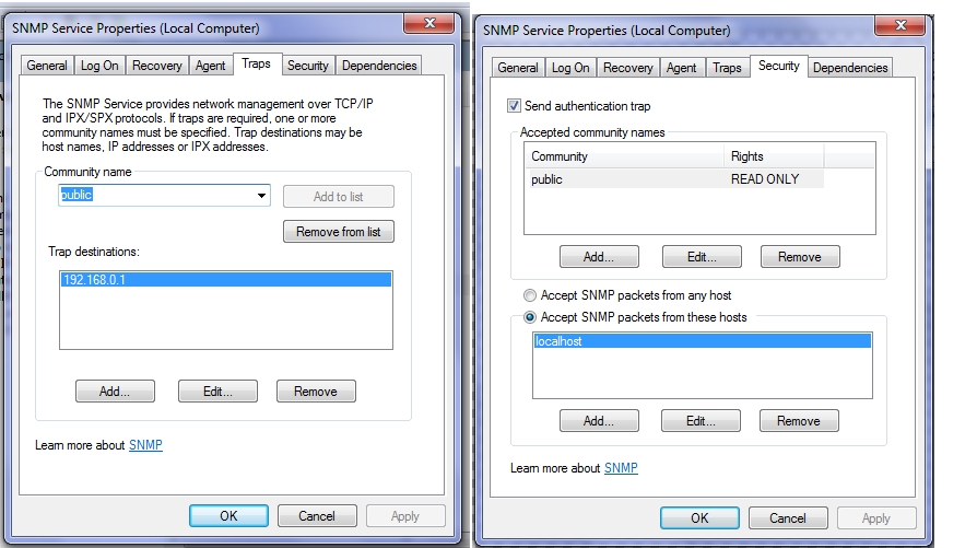 SNMP Service &quot;Traps&quot; and &quot;Security&quot; tabs.