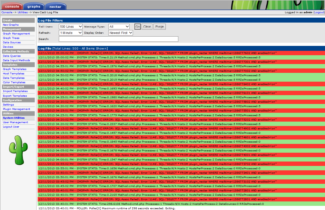 multiple errors visible on the cacti log file