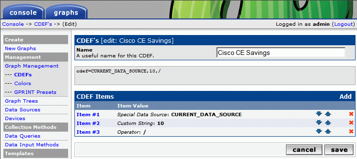 i create one CDEF for displaing Savings because value of
<br />cceSavingsRequestsSavings.0 = INTEGER: 271 percentage/10
<br />cceSavingsBytesServedSavings.0 = INTEGER: 73 percentage/10
<br />and i want to display &amp;quot;%&amp;quot; simbol...