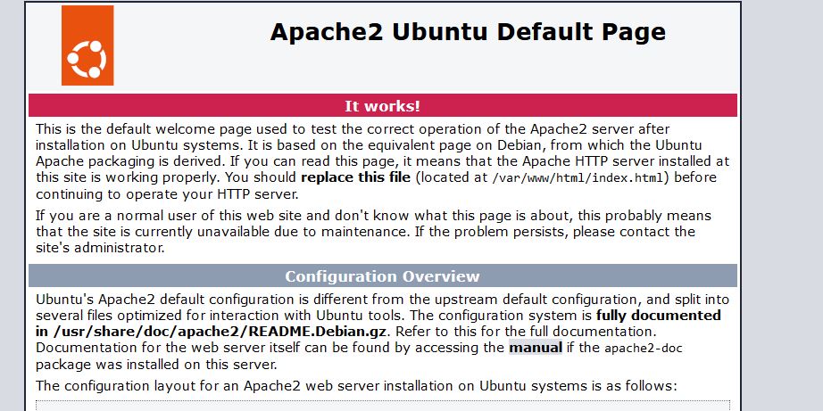 when navigating to x.x.x.x. shows apache2 is working.