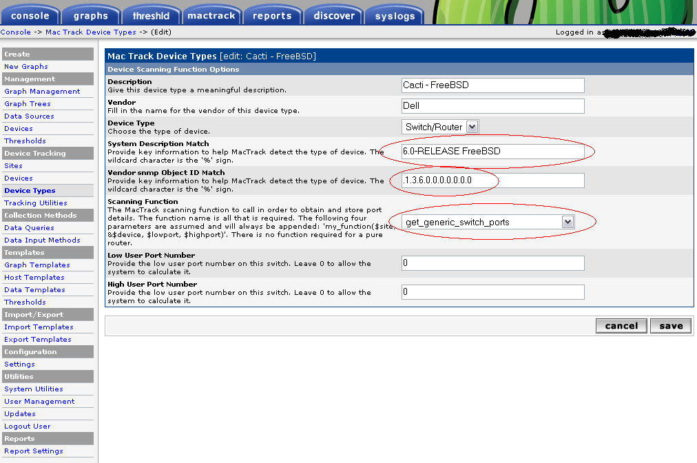 Second, create the device type, using the information that mactrack gathered from the device when it did the snmp walk/get on it.