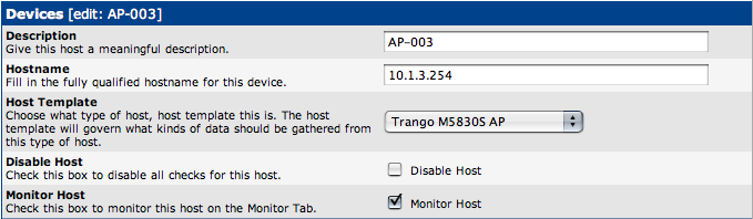 I created the host as a generic SNMP, and it does retrieve the contact info, etc. Then I set the template to Trango M5830 AP...