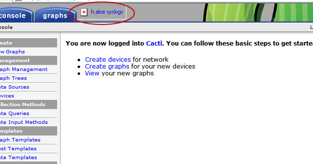 Syslog tab is missing. Link points to http://servername/cacti/haloe.php and image is http://servername/cacti/images/tab_haloe.gif