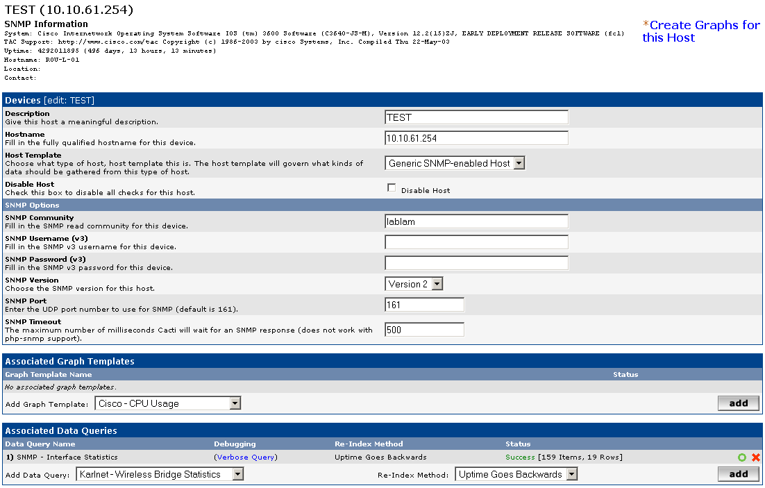 Here we can see this devide configuration in cacti, and how it's reachable by snmp.