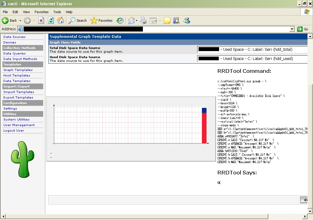 RRDTool Command:<br /><br />c:/rrdtool/rrdtool.exe graph - \<br />--imgformat=PNG \<br />--start=-86400 \<br />--end=-300 \<br />--title=&amp;quot;CNHKGDE01 - Available Disk Space&amp;quot; \<br />--rigid \<br />--base=1024 \<br />--height=120 \<br />--width=500 \<br />--alt-autoscale-max \<br />--lower-limit=0 \<br />--vertic