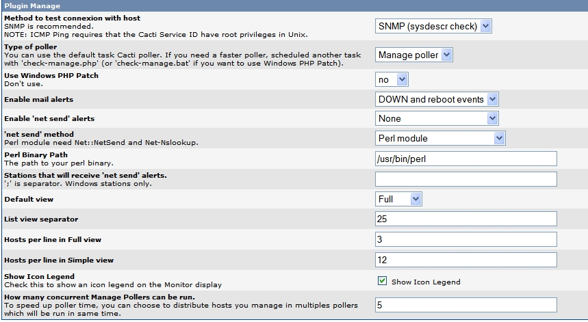 My Manage settings. note that I have tried with the Cacti poller and Manage poller but neither seems to work.