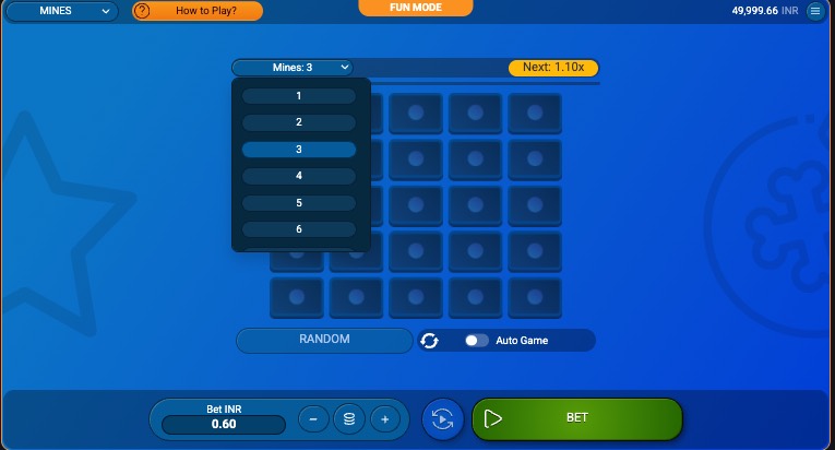 Mostbet Mines board showing the mine-count selector and unopened grid before the round begins